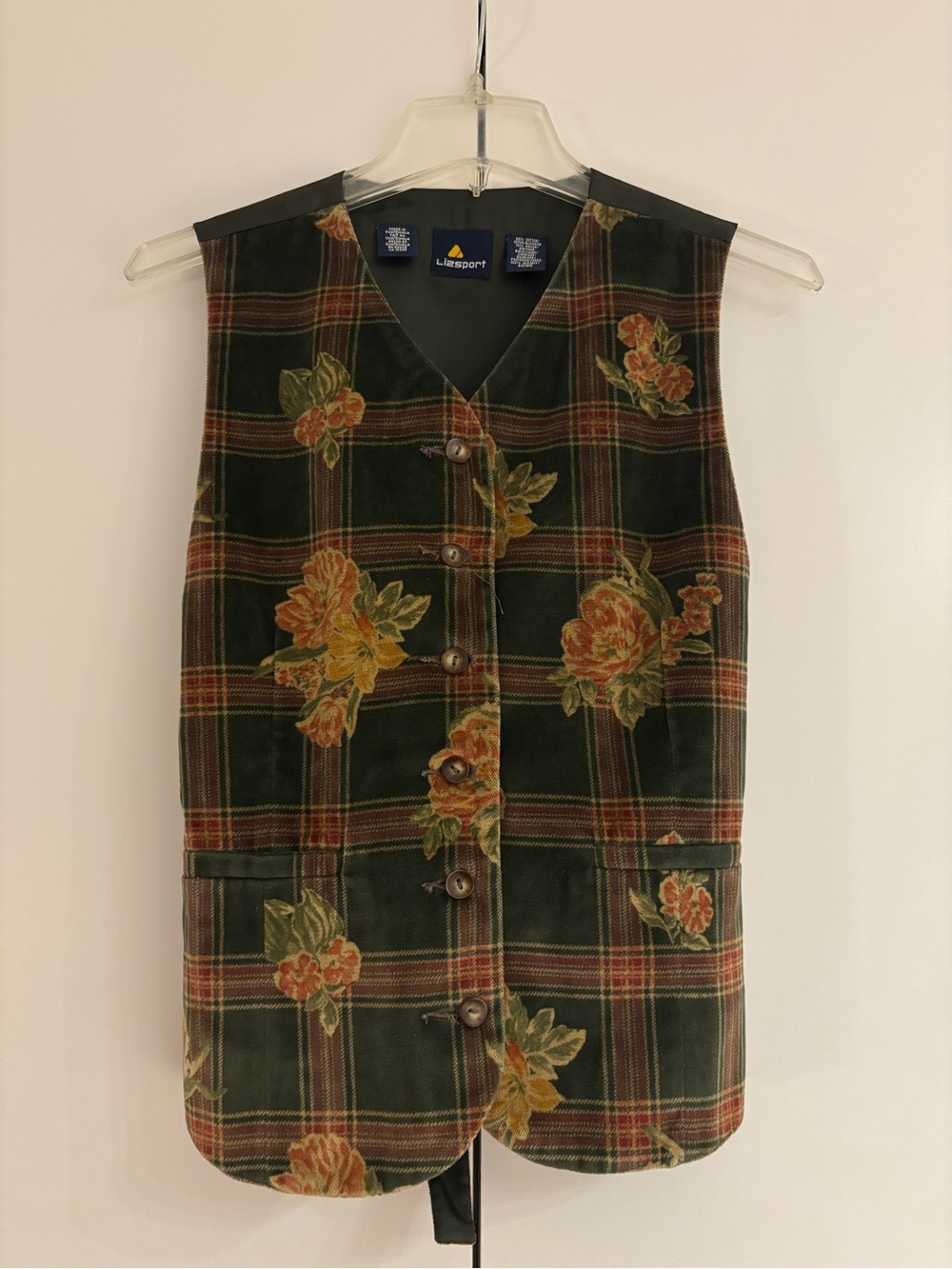 Lizsport Green Plaid Floral Vest